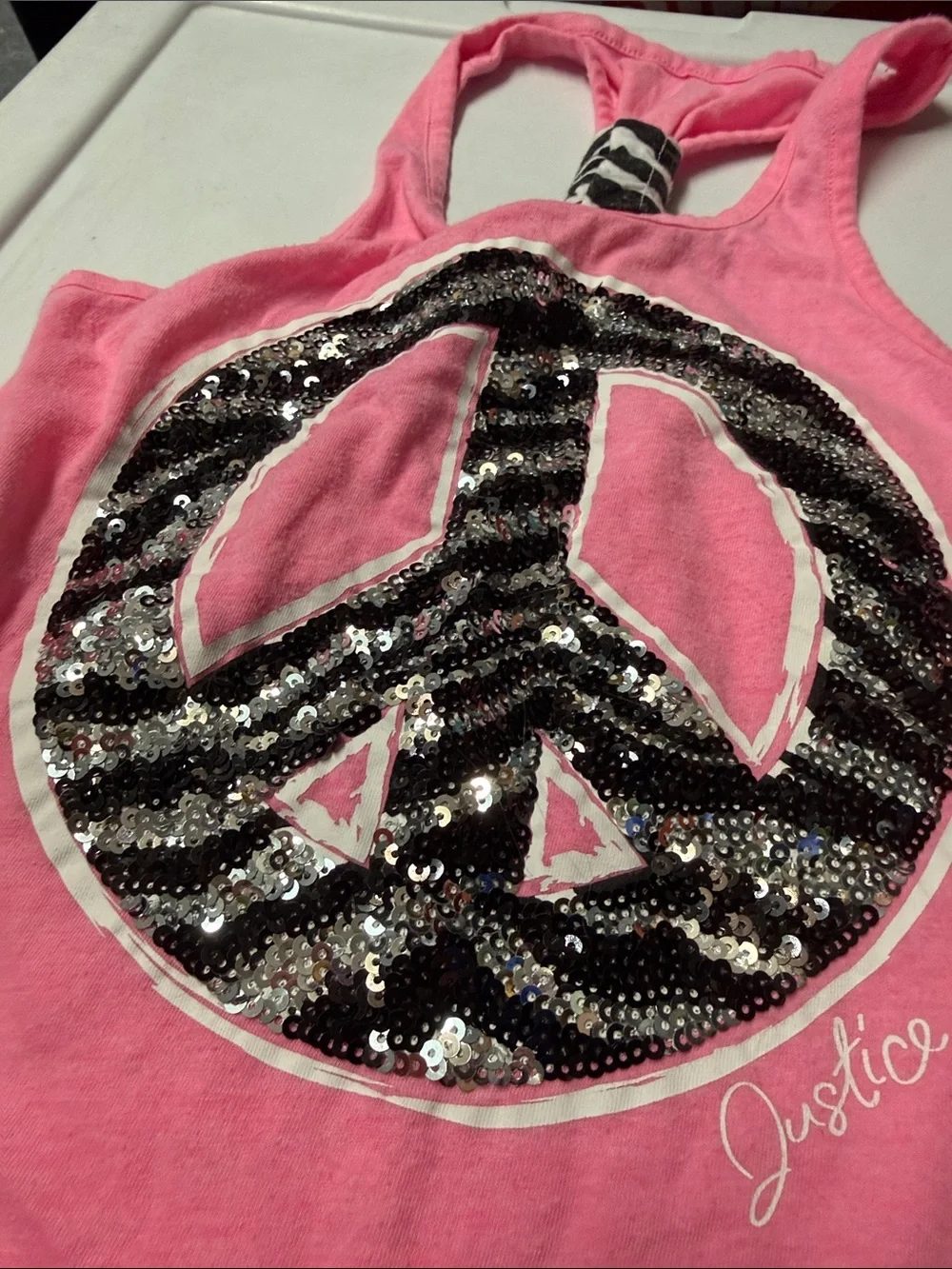 Justice Pink Tank Top with Black & Silver Sequin Peace Sign